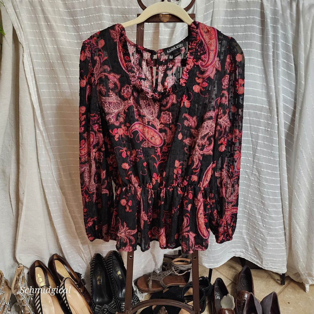 A Love Story Womens Paisley Peplum Blouse‎ Black Pink Lurex Clip Dot Top Large